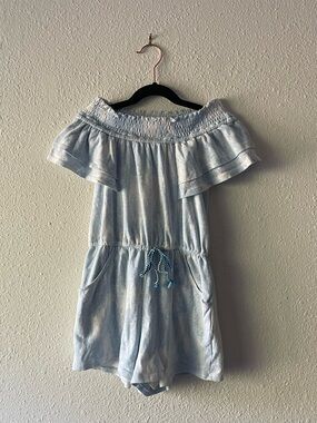 Hannah Banana Girls Size 7 Romper Blue White Ruffle Off Shoulder Shorts